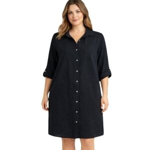 Lexington Avenue Black Button Down Shirt Dress‎ Tunic Large Roll Tab Sleeves